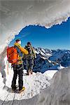 Europe, France, Haute Savoie, Rhone Alps, Chamonix, mountaineers at entrance to Aiguille du Midi arete