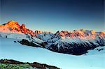 Europe, France, Haute Savoie, Rhone Alps, Chamonix, Aiguille Verte (4122m) and Les Drus, Mont Blanc (4810m)