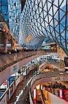 The interior atrium, gallery and hyperbolic roof structure of the MyZeil Shopping Centre in Innenstadt, Frankfurt, Hesse, Germany.
