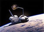 Space Shuttle Deploying Communication Satellite. 3D Illustration.