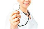 stethoscope in focus. Shooting nurse on a white background