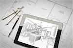 Computer Tablet Showing Kitchen Illustration Sitting On House Plans With Pencil and Compass.