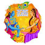 illustration of Subhadra tying Rakhi to Krishna  with message in hindi Raksha Bandhan ki Hardik Shubhkamnaye meaning heartiest congratulation for Rakhi