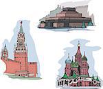 Set of famous buildings sights on Red square in Moscow, Russia: The Lenin's Mausoleum, The Spasskaya Clock Tower and The St. Basil's Cathedral. Set of vector illustrations.
