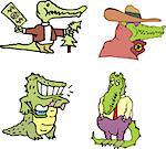 Set of human-like comic gators and amusing crocodiles (crocomen). Vector illustrations.