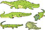 Set of lying and walking comic gators and amusing crocodiles. Vector illustrations.