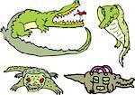 Set of comic gators and amusing crocodiles on a rest. Vector illustrations.