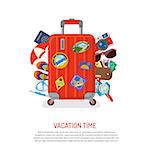 Vacation, Tourism and Summer Concept with Flat Icons for Web Site, Advertising like suitcase with passport, map, wallet, camera and diving mask. Isolated vector illustration.