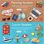 Planning Luxury Vacation and Tourism Horizontal Banners with Flat Icons for Mobile Applications, Web Site, Advertising like Planning, Booking, Tickets, Money, Bungalows, Island, Map and Cocktail.