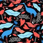 Graphic seamless pattern with birds and autumn leaves on a dark background