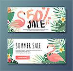 Bright flyer with flamingos. Sale banner template and special offer. 50 off. Vector illustration. The flyer can be used for a beauty salon, a clothing store, cosmetics. Web banner for the shop.