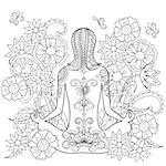 Hand drawn decorated tattoo girl in the flowers. Image for relaxation adult and children coloring books. eps 10