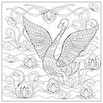 Hand drawn decorated cartoon swan with doodle flowers in the lake. Image for adult and children coloring pages, books, embroidery, wallpaper, decorate walls.  eps 10.