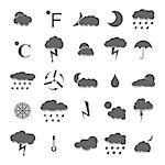 A set of gray icons weather isolated on white background, clear and cloudy, rain and snow, vector illustration.