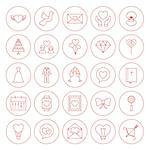 Line Circle Love Heart Icons Set. Vector Illustration of Outline Wedding Engagement Objects.