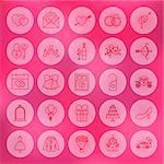 Line Circle Save the Date Icons. Vector Illustration of Outline Wedding Items over Pink Blurred Background.