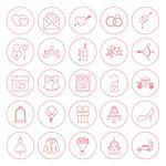 Line Circle Wedding Icons Set. Vector Illustration of Outline Love Valentine Objects.
