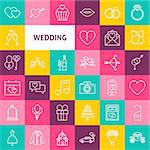 Vector Line Wedding Icons. Thin Outline Love Heart Symbols over Colorful Squares.