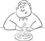 Black and White Cartoon Humorous Illustration of Unhappy Man on Diet Eating his Lunch