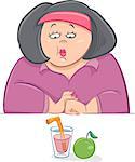 Cartoon Humorous Illustration of Unhappy Woman on Diet with her Lunch