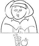 Black and White Cartoon Humorous Illustration of Unhappy Woman on Diet with her Lunch
