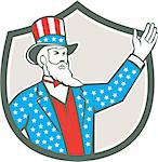 Illustration of Uncle Sam with hand up with stars and stripes American flag design on his hat and clothes set inside shield crest on isolated background done in retro style.