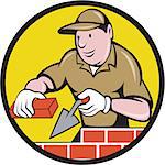 Illustration of a bricklayer mason plasterer construction worker at work holding brick and trowel set inside circle done in cartoon style.
