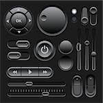 Black Web UI Elements Design with Buttons, Switches, Sliders. Vector illustration