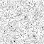 Monochrome seamless pattern with flowers and leafs in doodle mendie style. Coloring page with beautiful floral motif. Goog quality coloring book for adult and children. Zentangle inspired artwork.