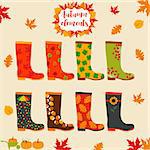 Rain boot, rubber boots. Wellington rain boots set. Autumn elements. Creative rubber boots design template