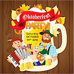 Oktoberfest party flyer. Girl and two men with beer. Vector flat cartoon illustration