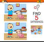 Cartoon Illustration of Finding Differences Educational Activity Task for Kids with Child Characters