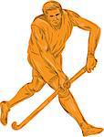 Drawing sketch style illustration of a field hockey player running with stick striking viewed from front set on isolated white background.