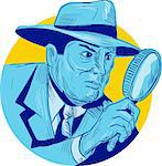 Drawing sketch style illustration of a detective policeman police officer holding magnifying glass set inside circle on isolated background.