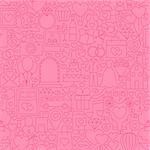 Wedding Pink Line Tile Pattern. Vector Illustration of Outline Seamless Background. Love and Hearts.