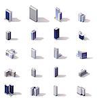 Isometric low poly skyscrapers, offices and stores buildings set