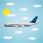 Modern passenger airplane with clouds on a blue background. The concept of travel. Also available as a Vector in Adobe illustrator EPS 10 format.