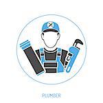 Plumbing Service Concept with Plumber and pipe wrench Icon. Isolated vector illustration.