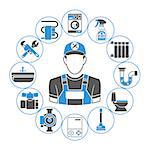 Plumbing Service Concept with Plumber, Tools and Device Icons. Isolated vector illustration.