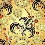 Golden seamless gradient pattern with vintage swirls, circles, berries and butterflies, vector