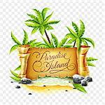 Summer travel banner with old parchment paper script. Tropical paradise island with sea waves, sand beach breakers, coconut palms and stones. Vector illustration isolated on transparent background