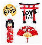 Asia symbols fortune cookies, kokeshi doll, gate, asia fan drawing with drops and splash on watercolor paper background