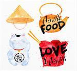 Asia symbols asia hat, asia teapot, ping pong box, lucky cat drawing with drops and splash on watercolor paper background