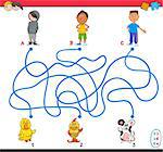 Cartoon Illustration of Educational Paths or Maze Puzzle Activity with Children Boys and Pets