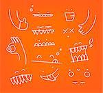 Cute face characters drawing with white lines on orange background