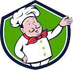 Illustration of a french chef cook baker with moustache wearing hat and bandana on neck with arm out welcoming greeting viewed from front set inside shield crest on isolated background done in cartoon style.