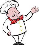 Illustration of a french chef cook baker with moustache wearing hat and bandana on neck standing with arm out welcoming greeting viewed from front set on isolated white background done in cartoon style.
