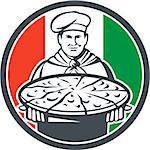 Illustration of an italian chef, cook baker serving pizza platter facing front set inside circle with italy flag in the background done in retro style.