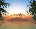 3D render of a palm tree island against a sunset sky
