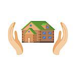 House Protected By Two Palms Flat Vector Illustration. Insurance Case Clipart Drawing In Childish Cartoon Style.